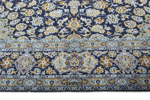 Full view of 1970s Kashan rug from Iran / Persia, 411 × 320 cm in Blue tones