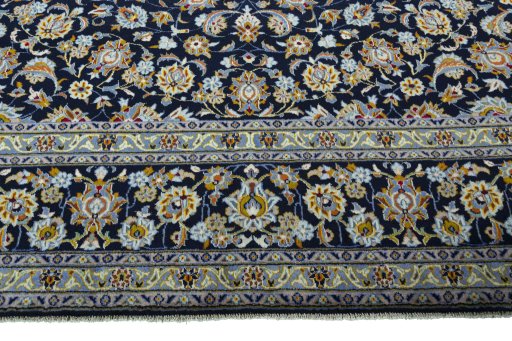 Full view of 1970s Kashan rug from Iran / Persia, 430 × 315 cm in Blue tones