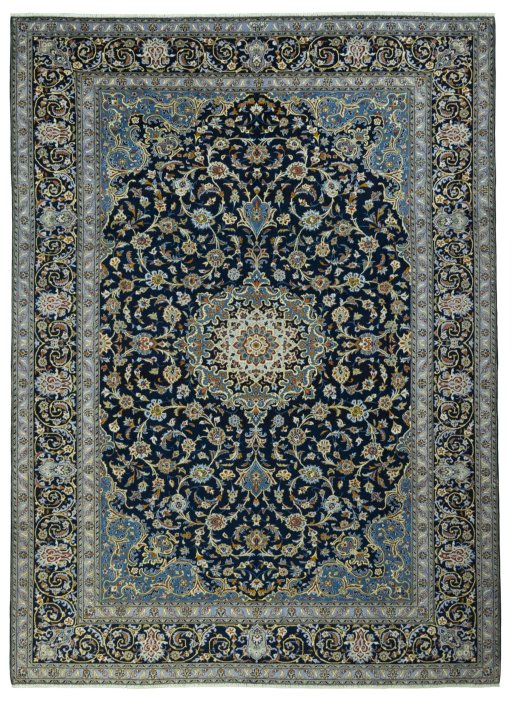 Full view of 2000s Kashan rug from Iran / Persia, 418 × 305 cm in Blue tones