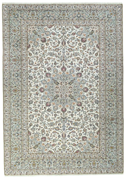 Full view of 2000s Kashan rug from Iran / Persia, 360 × 255 cm in Beige tones