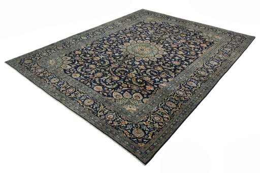 Corner detail of 2000s Kashan rug showing border pattern and Wool pile