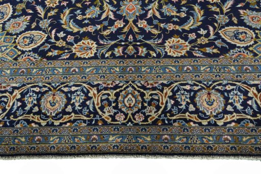 Full view of 2000s Kashan rug from Iran / Persia, 396 × 300 cm in Blue tones
