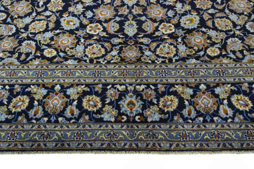 Full view of 2000s Kashan rug from Iran / Persia, 419 × 312 cm in Blue tones