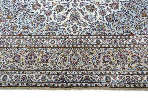 Full view of 2000s Kashan rug from Iran / Persia, 405 × 296 cm in Beige tones