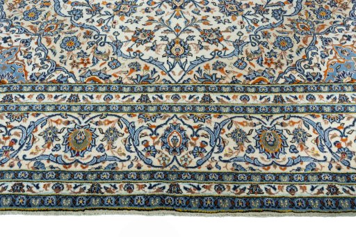 Full view of 2000s Kashan rug from Iran / Persia, 441 × 300 cm in Beige tones
