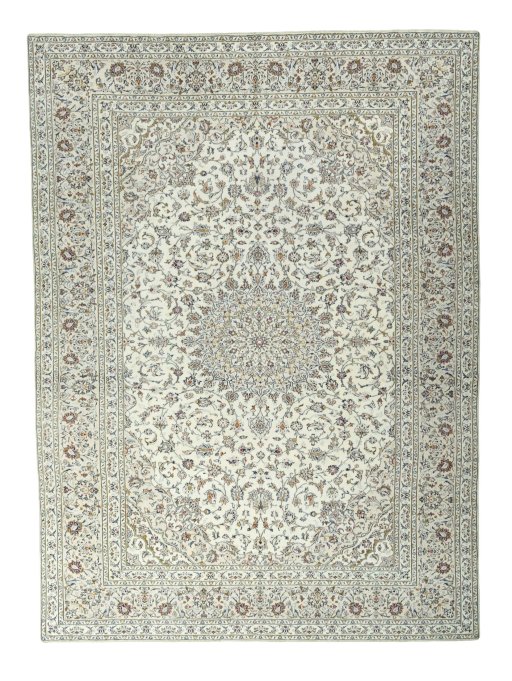 Full view of 2000s Kashan rug from Iran / Persia, 397 × 294 cm in Beige tones