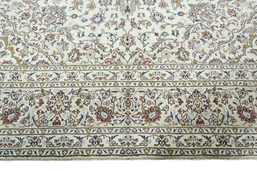 Full view of 2000s Kashan rug from Iran / Persia, 397 × 294 cm in Beige tones