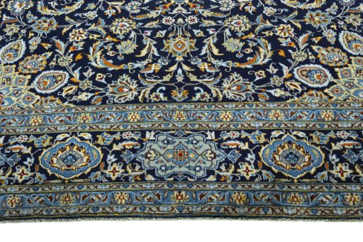 Full view of 2000s Kashan rug from Iran / Persia, 382 × 297 cm in Blue tones