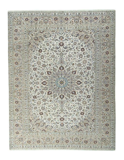 Full view of 2000s Kashan rug from Iran / Persia, 386 × 301 cm in Beige tones