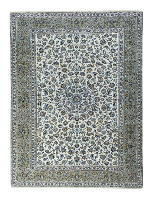 Full view of 2000s Kashan rug from Iran / Persia, 404 × 306 cm in Beige tones