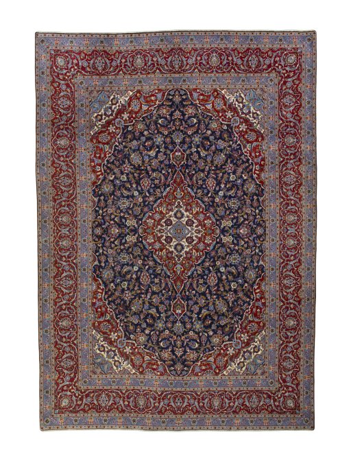 Full view of 2000s Kashan rug from Iran / Persia, 425 × 300 cm in Blue tones