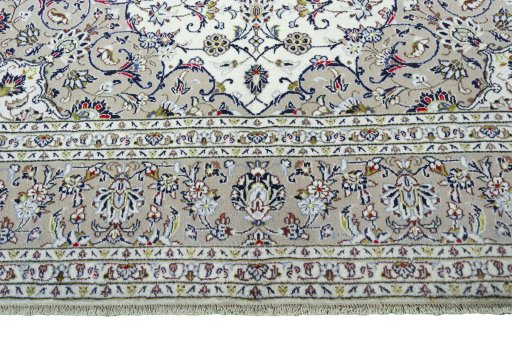 Full view of 2000s Kashan rug from Iran / Persia, 365 × 245 cm in Beige tones