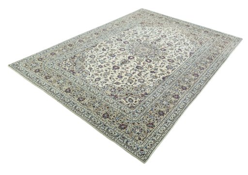 Corner detail of 2000s Kashan rug showing border pattern and Wool pile
