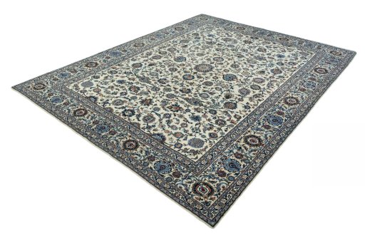Corner detail of 2000s Kashan rug showing border pattern and Wool pile