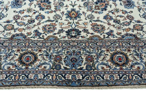 Full view of 2000s Kashan rug from Iran / Persia, 394 × 303 cm in Beige tones