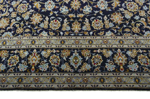 Full view of 2000s Kashan rug from Iran / Persia, 410 × 263 cm in Blue tones