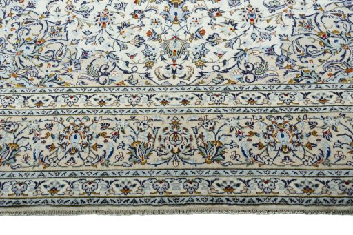 Full view of 2000s Kashan rug from Iran / Persia, 405 × 288 cm in Beige tones