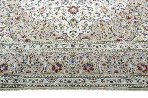 Full view of 2000s Kashan rug from Iran / Persia, 404 × 295 cm in Beige tones