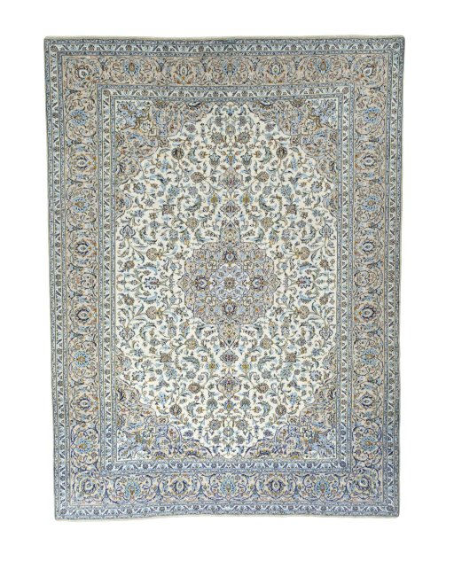 Full view of 2000s Kashan rug from Iran / Persia, 390 × 290 cm in Beige tones