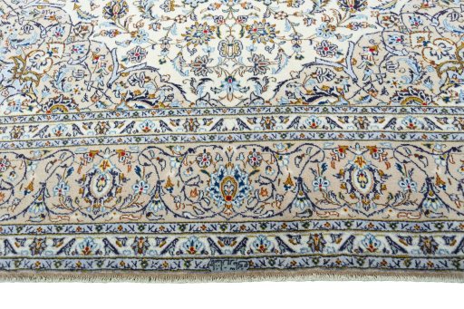 Full view of 2000s Kashan rug from Iran / Persia, 390 × 290 cm in Beige tones
