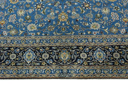 Full view of 2000s Kashan rug from Iran / Persia, 387 × 288 cm in Blue tones