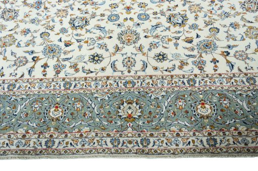 Full view of 2000s Kashan rug from Iran / Persia, 396 × 307 cm in Beige tones