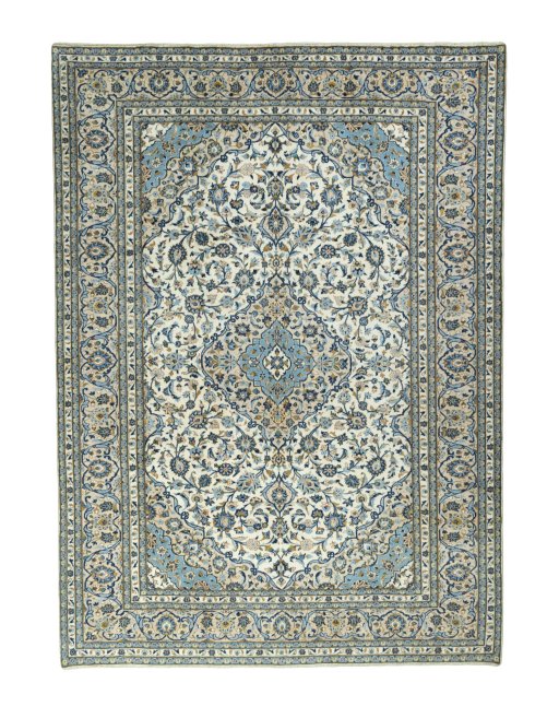 Full view of 2000s Kashan rug from Iran / Persia, 405 × 294 cm in Beige tones