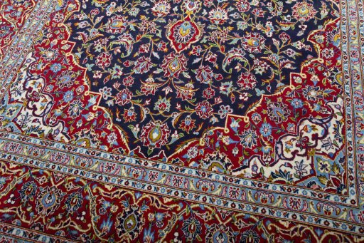 Full view of 2000s Kashan rug from Iran / Persia, 391 × 250 cm in Blue tones