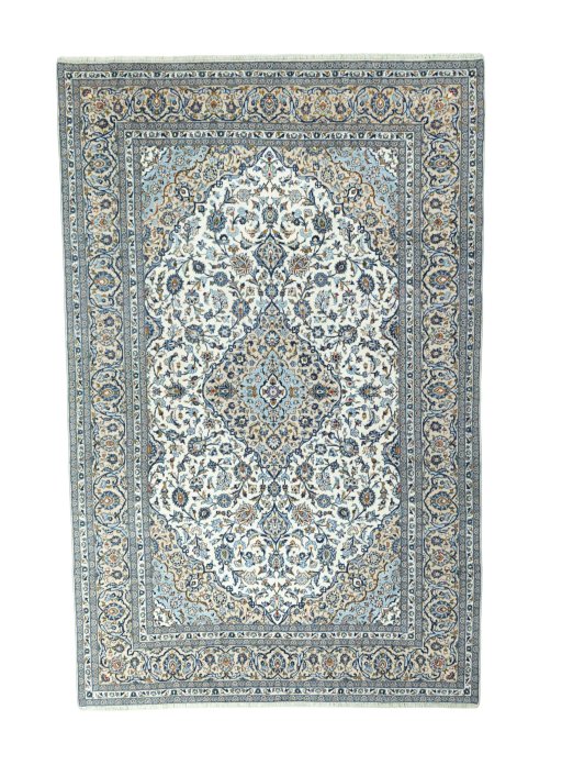 Full view of 2000s Kashan rug from Iran / Persia, 375 × 244 cm in Beige tones
