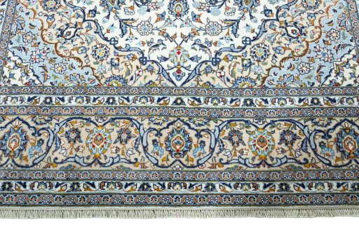 Full view of 2000s Kashan rug from Iran / Persia, 375 × 244 cm in Beige tones