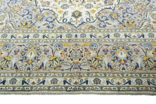 Full view of 2000s Kashan rug from Iran / Persia, 362 × 250 cm in Beige tones