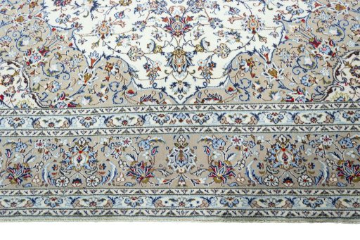 Full view of 2000s Kashan rug from Iran / Persia, 403 × 294 cm in Beige tones