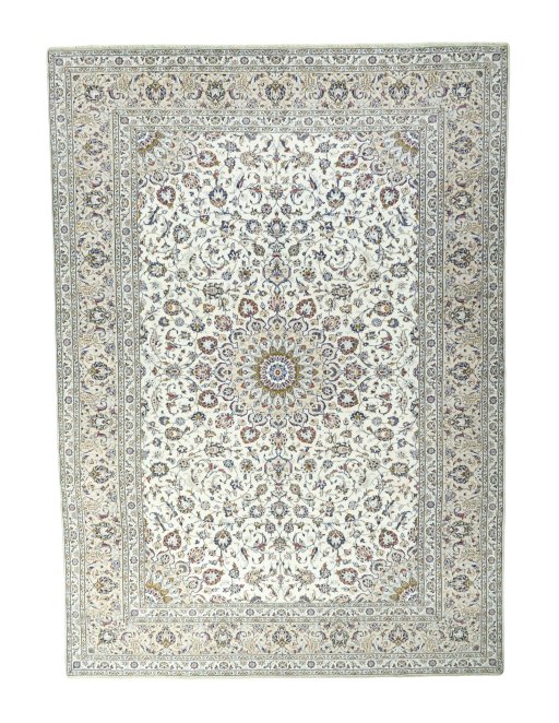 Full view of 2000s Kashan rug from Iran / Persia, 412 × 295 cm in Beige tones