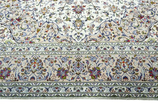 Full view of 2000s Kashan rug from Iran / Persia, 397 × 298 cm in Beige tones