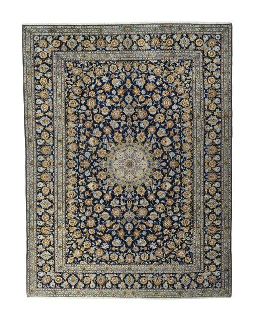 Full view of 2000s Kashan rug from Iran / Persia, 390 × 296 cm in Blue tones