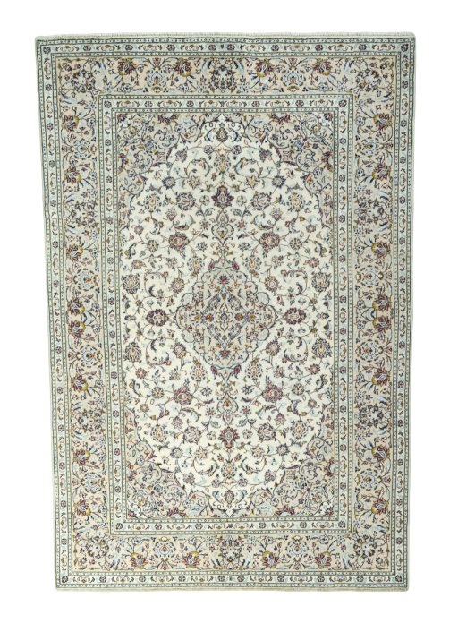 Full view of 2000s Kashan rug from Iran / Persia, 300 × 198 cm in Beige tones