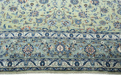 Full view of 2000s Kashan rug from Iran / Persia, 410 × 290 cm in Green tones