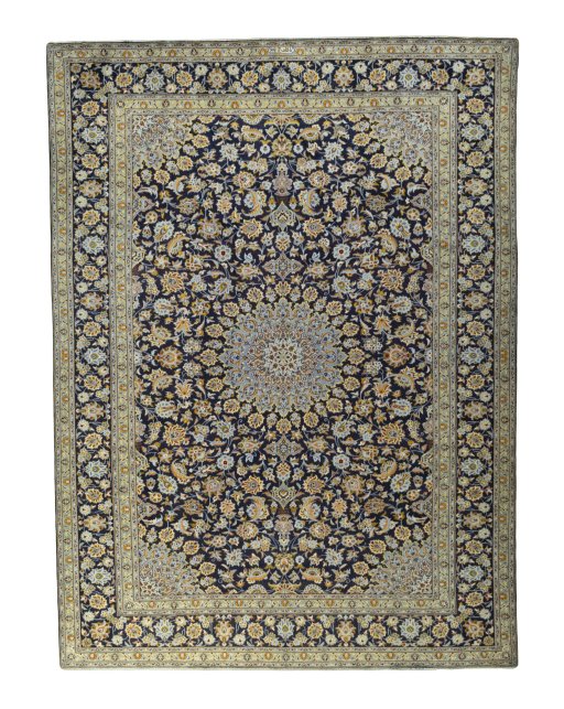 Full view of 2000s Kashan rug from Iran / Persia, 415 × 307 cm in Blue tones