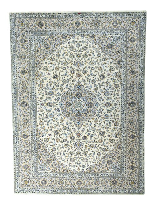Full view of 2000s Kashan rug from Iran / Persia, 413 × 302 cm in Beige tones