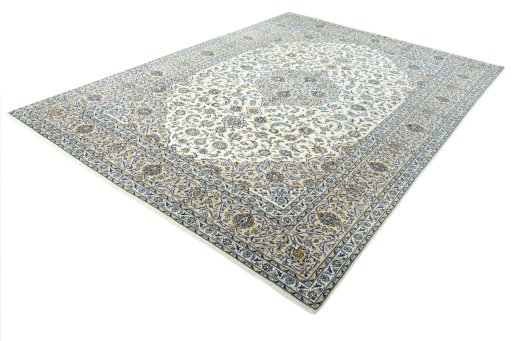 Corner detail of 2000s Kashan rug showing border pattern and Wool pile