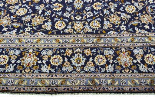 Full view of 2000s Kashan rug from Iran / Persia, 406 × 285 cm in Blue tones