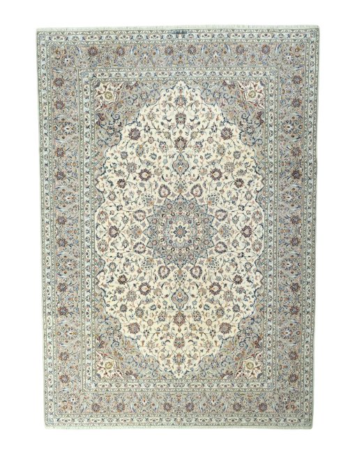 Full view of 2000s Kashan rug from Iran / Persia, 358 × 249 cm in Beige tones