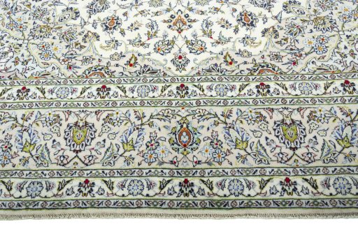 Full view of 2000s Kashan rug from Iran / Persia, 412 × 303 cm in Beige tones