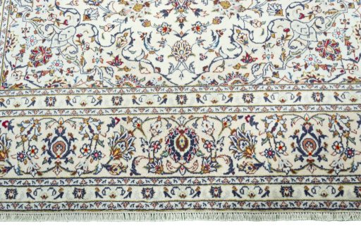 Full view of 2000s Kashan rug from Iran / Persia, 302 × 197 cm in Beige tones