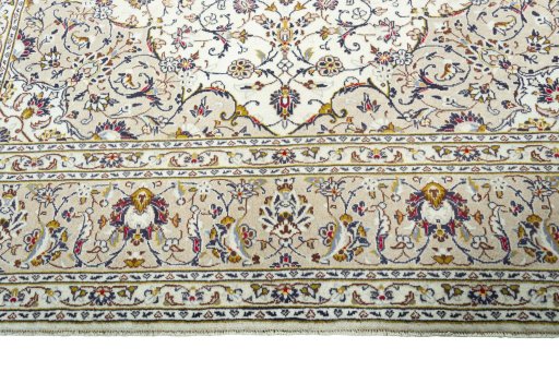 Full view of 2000s Kashan rug from Iran / Persia, 351 × 248 cm in Beige tones