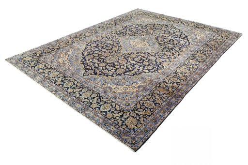 Corner detail of 2000s Kashan rug showing border pattern and Wool pile
