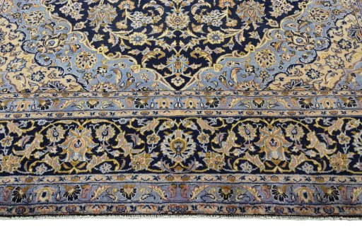 Full view of 2000s Kashan rug from Iran / Persia, 406 × 300 cm in Blue tones