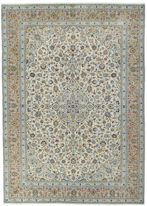 Full view of 2000s Kashan rug from Iran / Persia, 417 × 300 cm in Beige tones