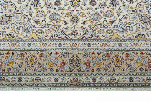 Full view of 2000s Kashan rug from Iran / Persia, 417 × 300 cm in Beige tones