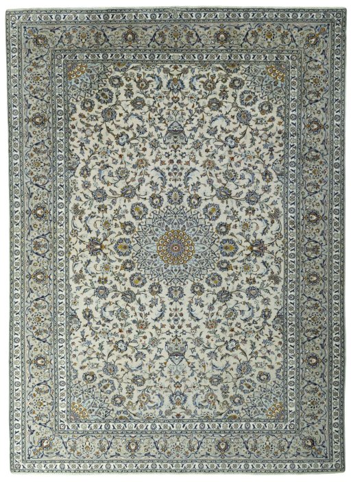 Full view of 2000s Kashan rug from Iran / Persia, 402 × 291 cm in Beige tones